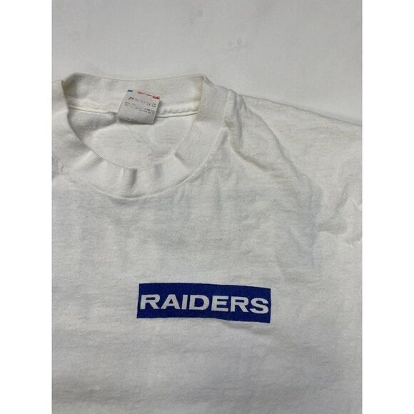 VINTAGE Raiders Big Blue Graphic T-shirt Men XL White USA 90s Single Stitch - Picture 5 of 11
